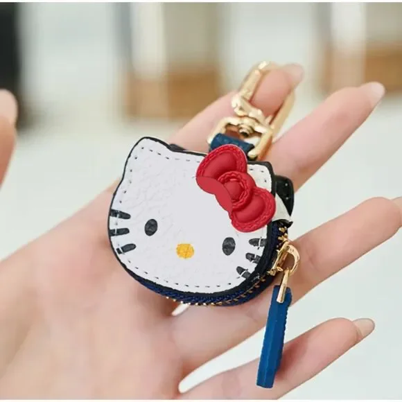 Sanrio HELLO KITTY Coin Purse Keychain White Red Bow Denim Clip - Picture 4 of 6